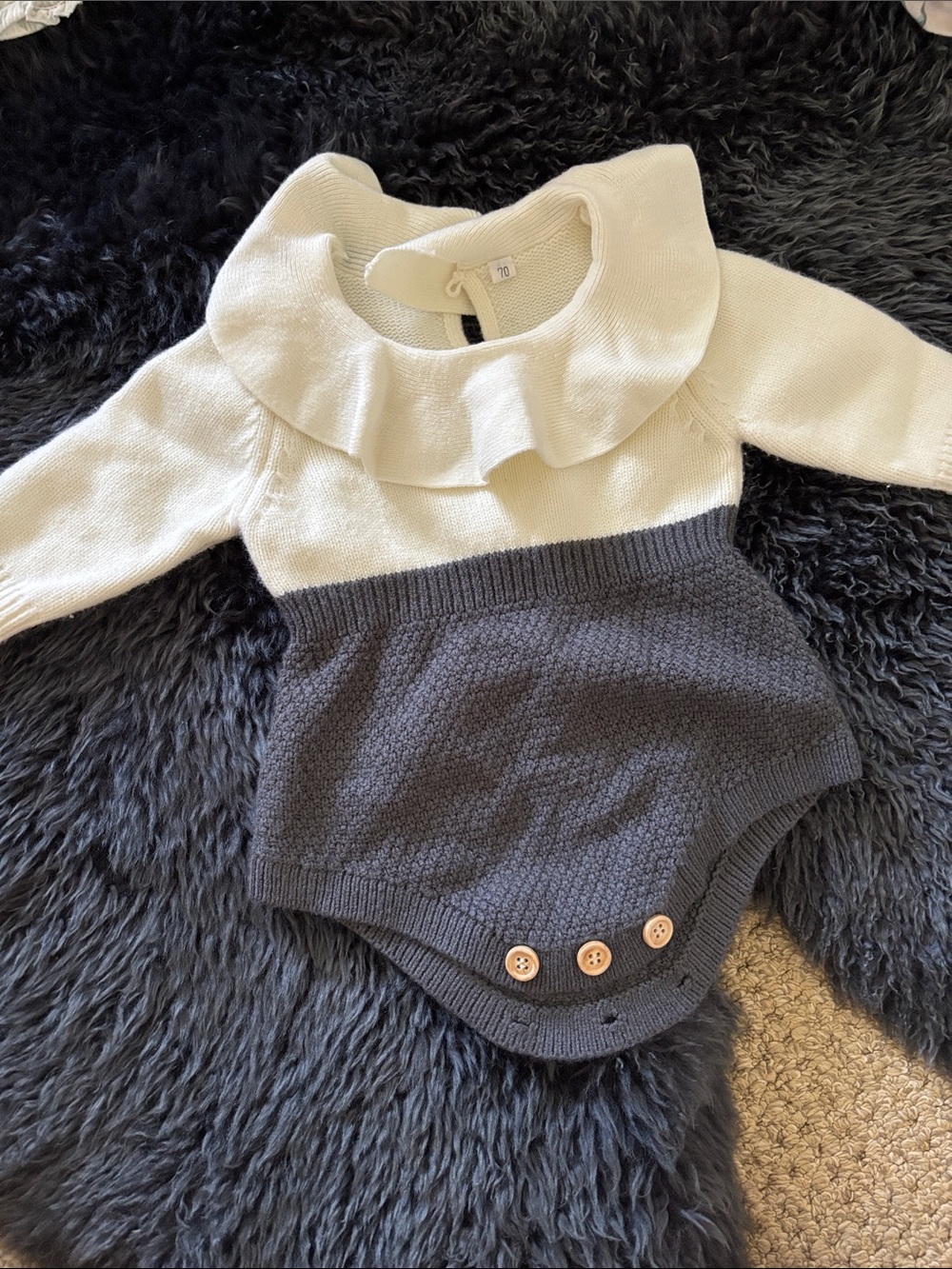 Cream and Gray Knit Ruffle Collar Baby Romper